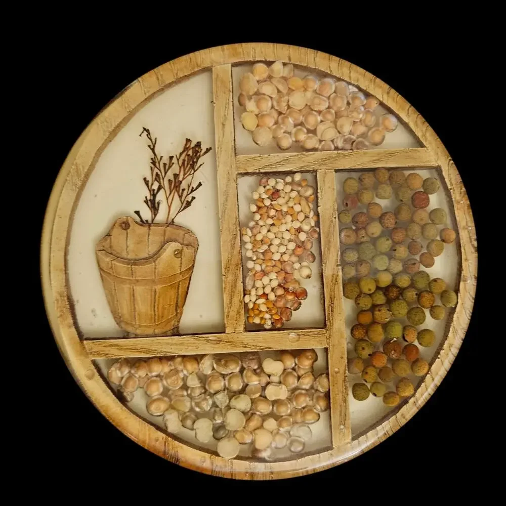 Vintage Resin Seed Trivet Round Wood Grain Kitchen Hot Plate